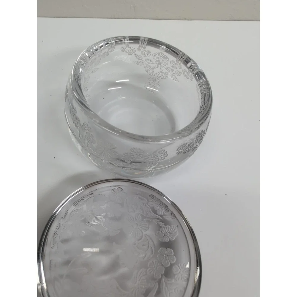 Antique Cut‎ Glass Powder Jar With Lid Etched Flowers Heavy Piece